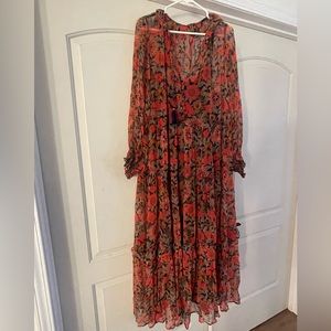 Anthropologie Marais Chiffon Maxi Dress Printed Tiered Red Floral
